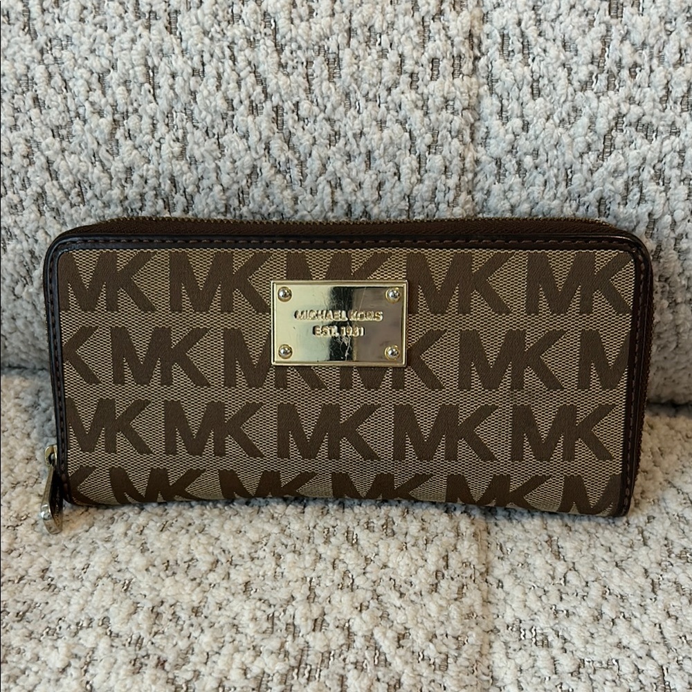 Michael Kors Tan and Brown Logo Zip Wallet
